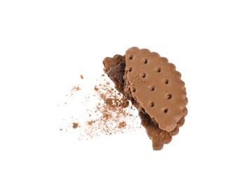 Piece of tasty chocolate sandwich cookie with cream on white background, top view