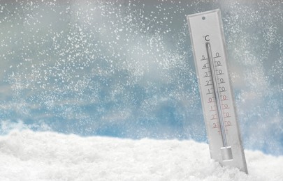 Thermometer in snow showing temperature below zero outdoors on winter day