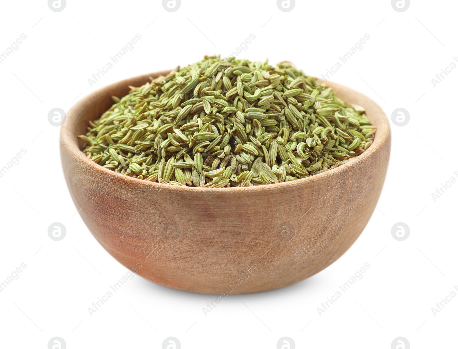 Photo of Fennel seeds in wooden bowl isolated on white