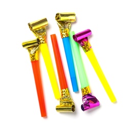 Photo of Party blowers on white background, top view