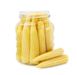 Jar and pickled baby corn isolated on white