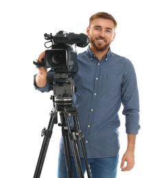 Photo of Operator with professional video camera on white background