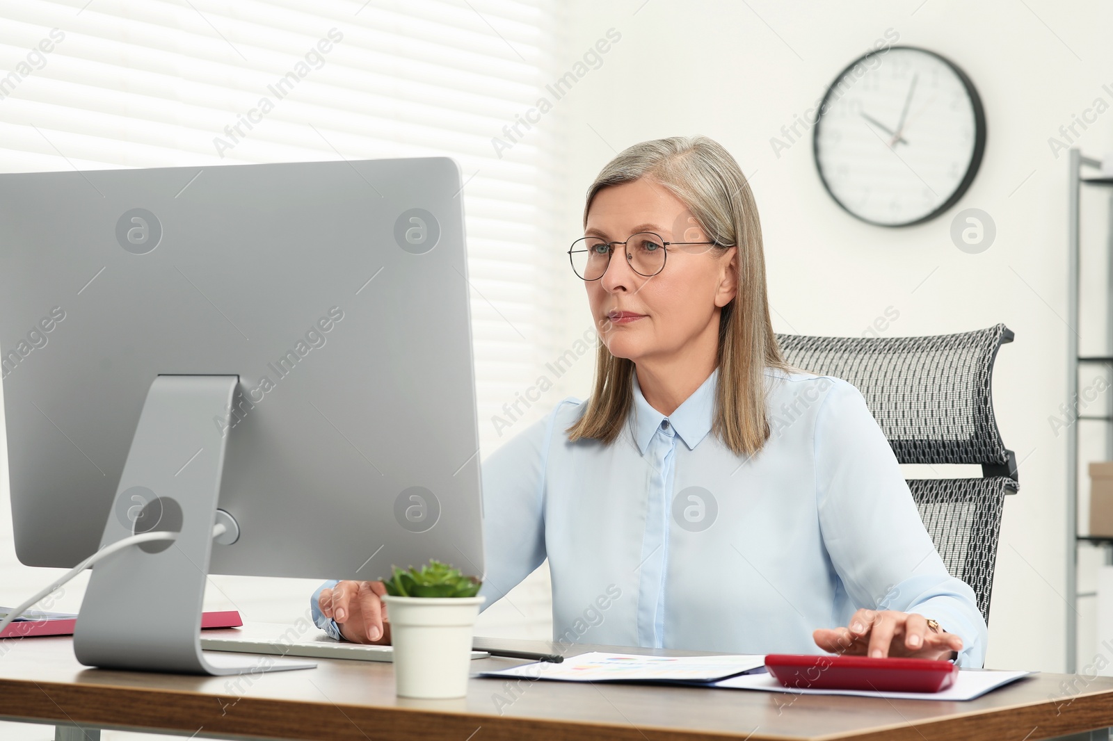 Photo of Senior accountant working at wooden desk in office