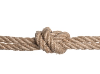 Photo of Cotton rope with knot on white background