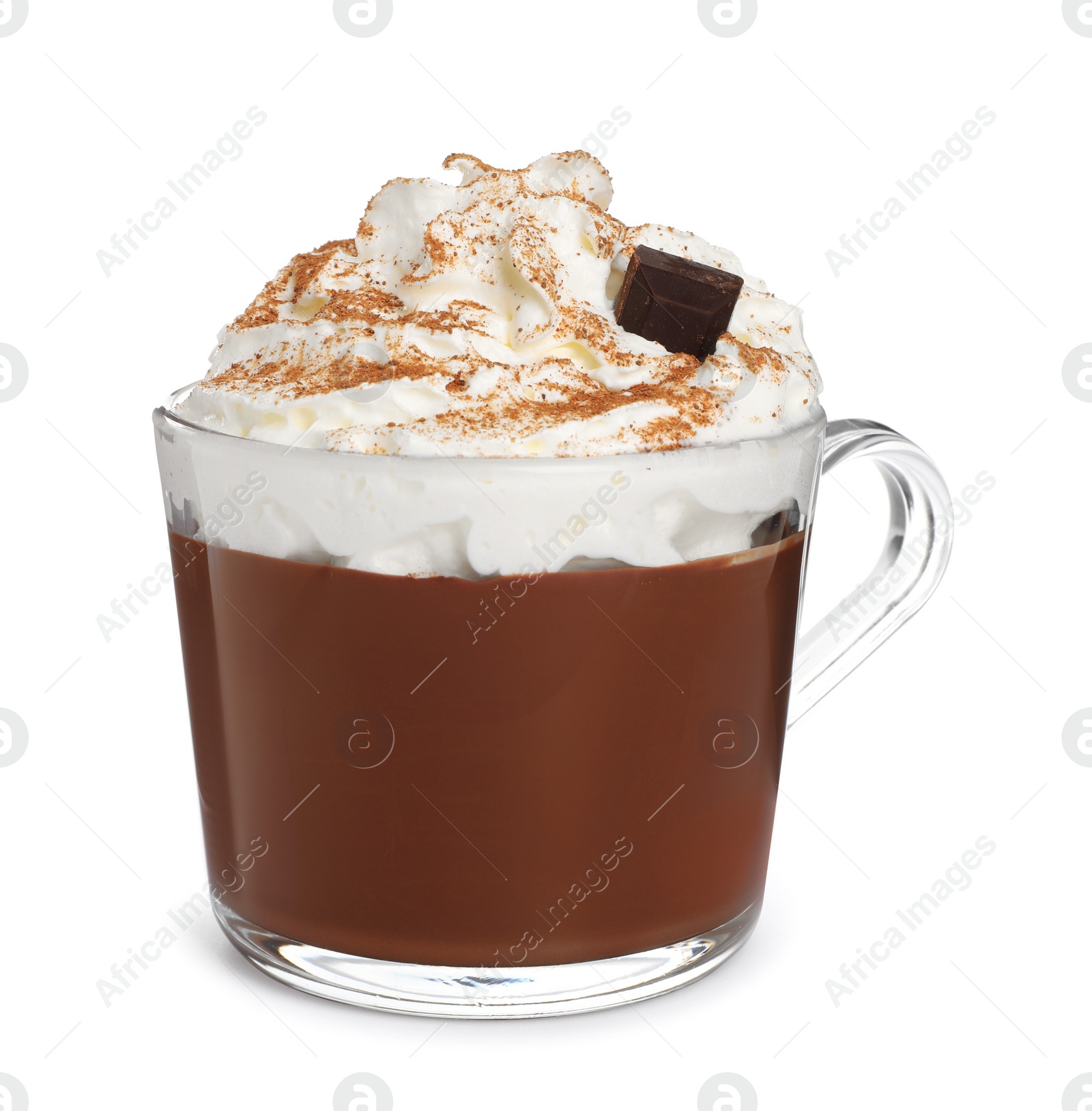 Photo of Glass cup of delicious hot chocolate with whipped cream on white background