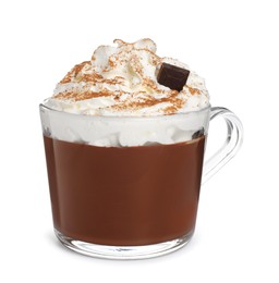 Glass cup of delicious hot chocolate with whipped cream on white background