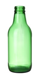 Photo of One empty green beer bottle isolated on white