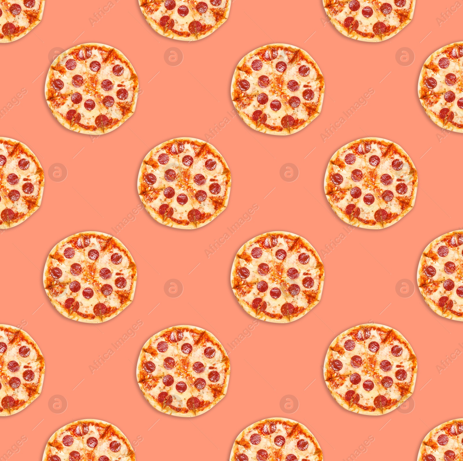 Image of Many delicious pepperoni pizzas on coral background, flat lay. Seamless pattern design