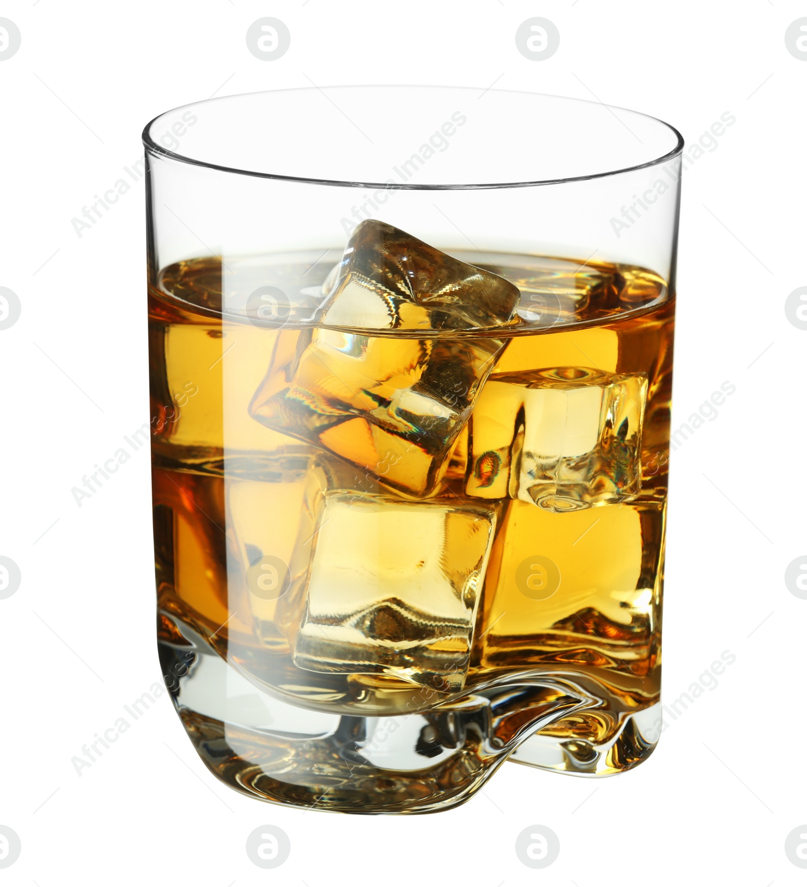 Photo of Whiskey and ice cubes in glass isolated on white