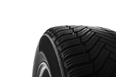 Photo of Wheel with winter tire on white background, closeup