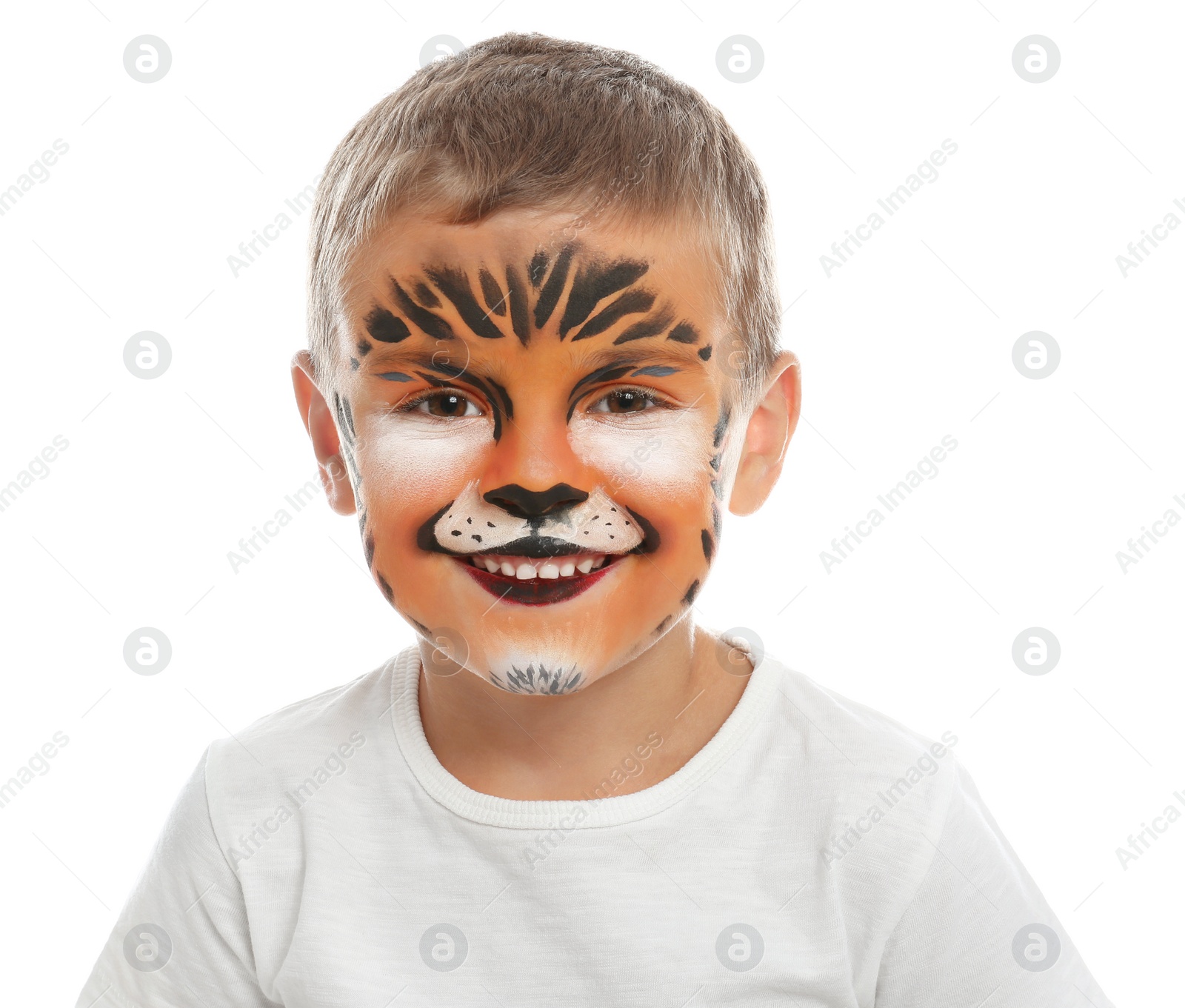 Photo of Cute little boy with face painting on white background