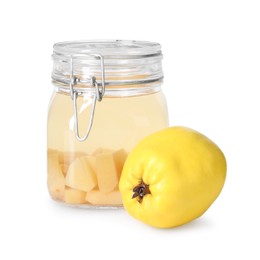 Photo of Delicious quince drink in glass jar and fresh fruit isolated on white