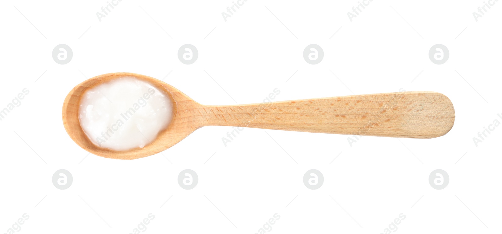 Photo of Organic coconut oil in wooden spoon isolated on white, top view. Healthy cooking