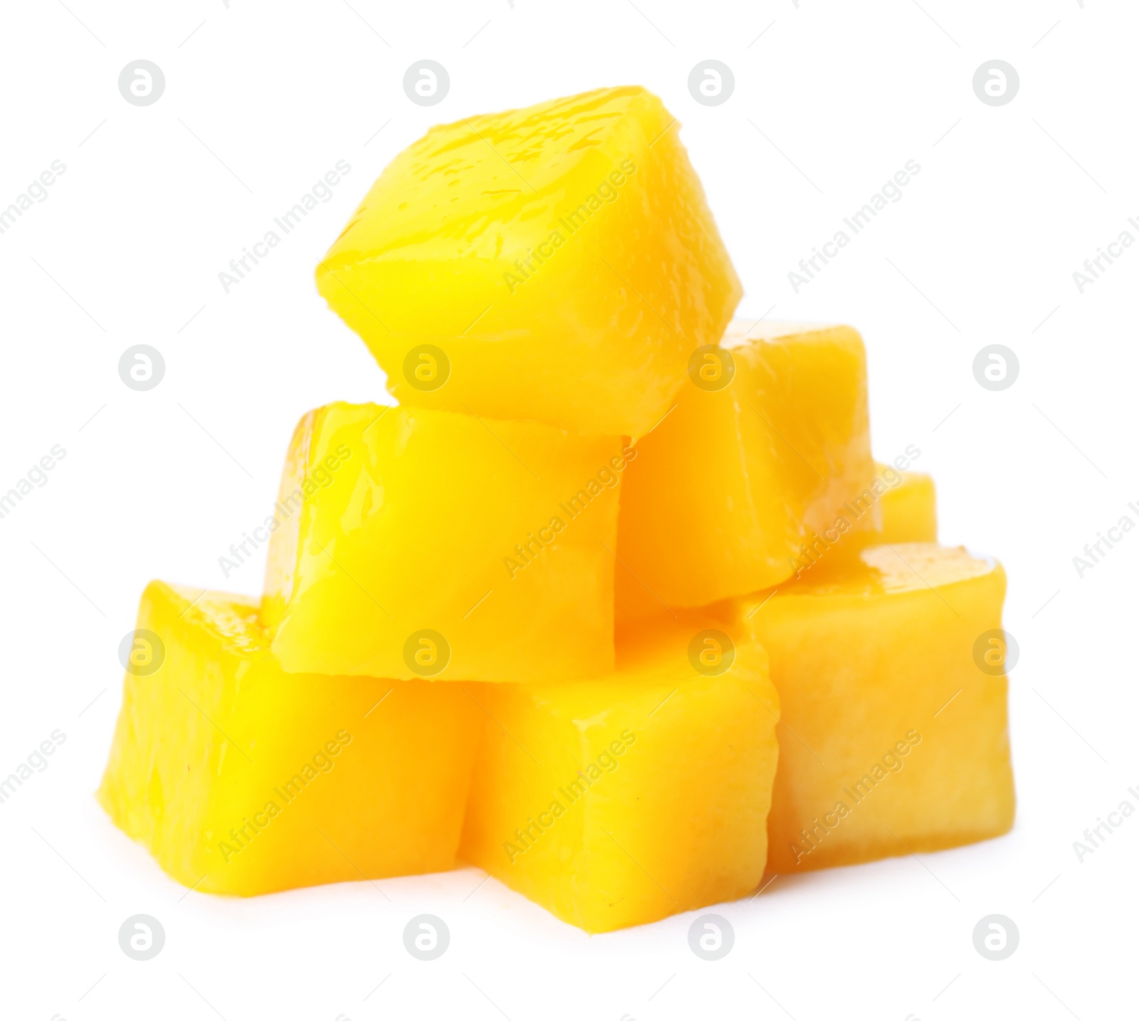 Photo of Fresh juicy mango cubes on white background