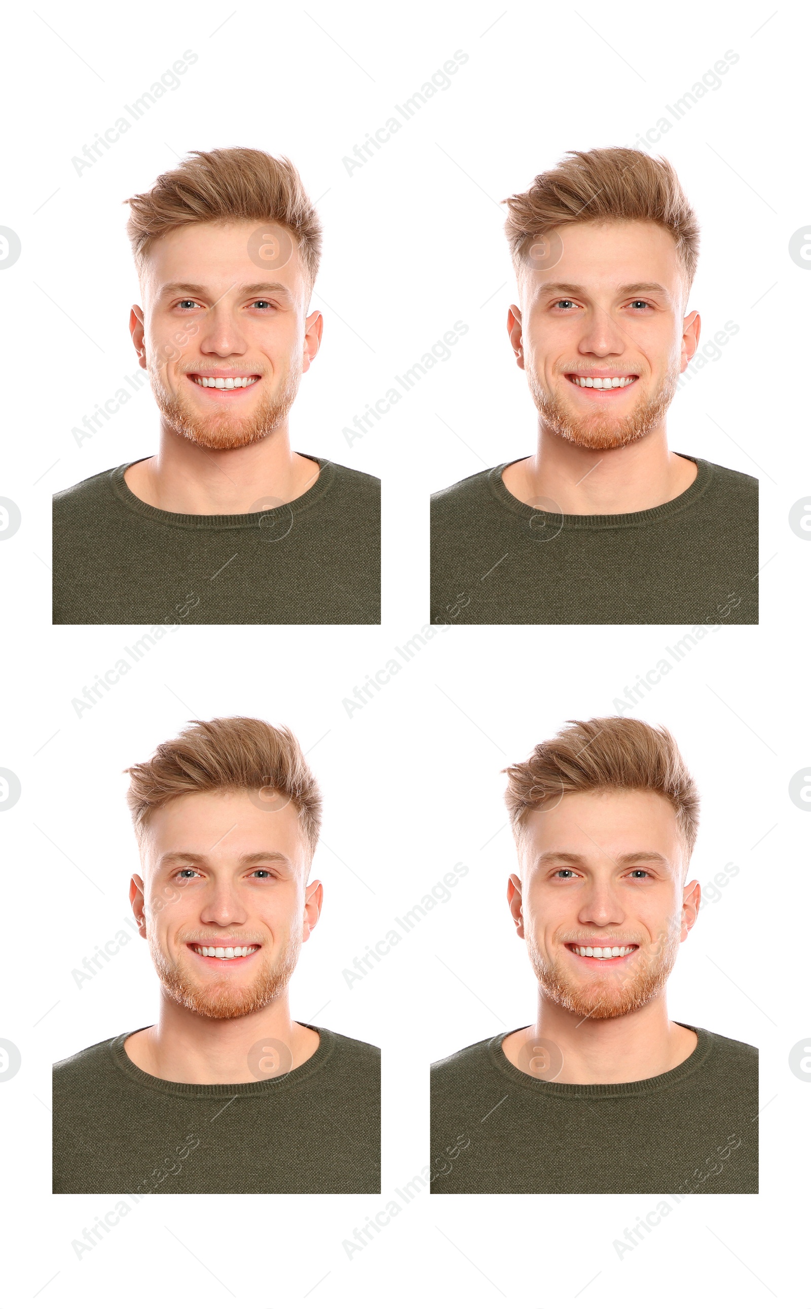 Image of Passport photo, collage. Man on white background, set of photos