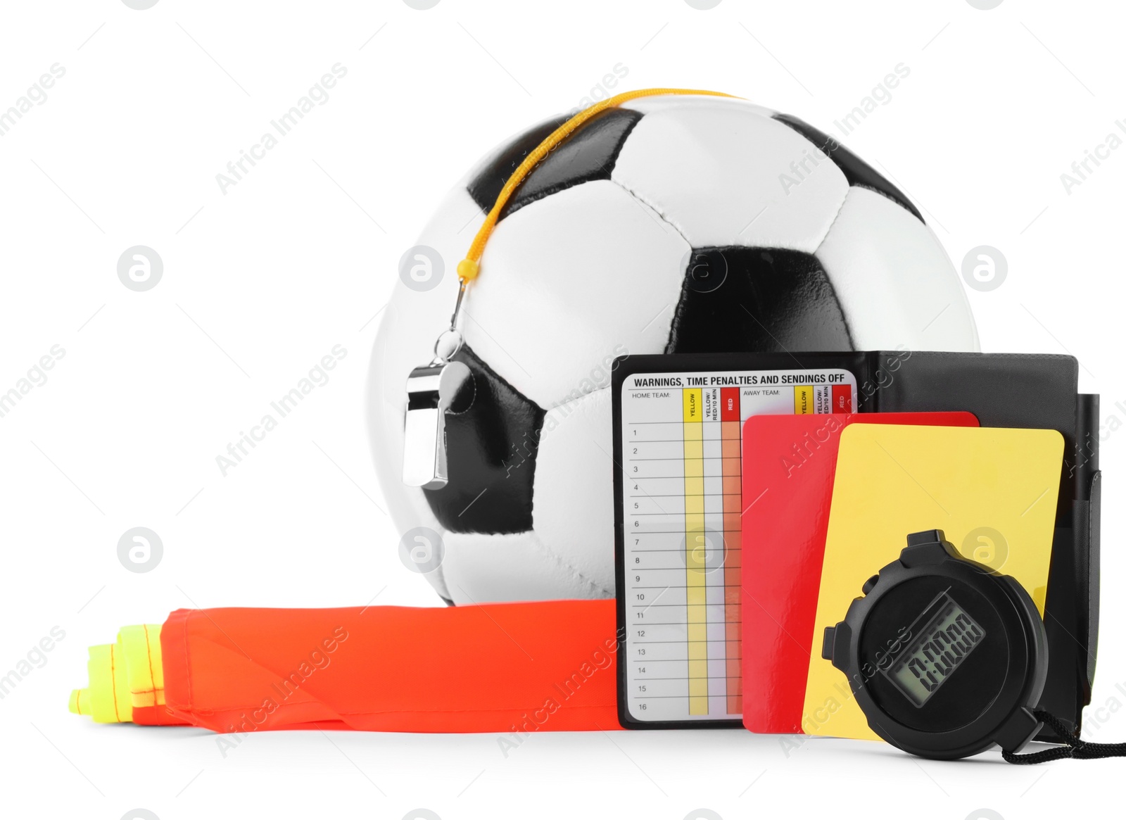 Photo of Soccer ball and different referee equipment isolated on white