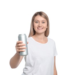 Photo of Beautiful happy woman holding beverage can on white background