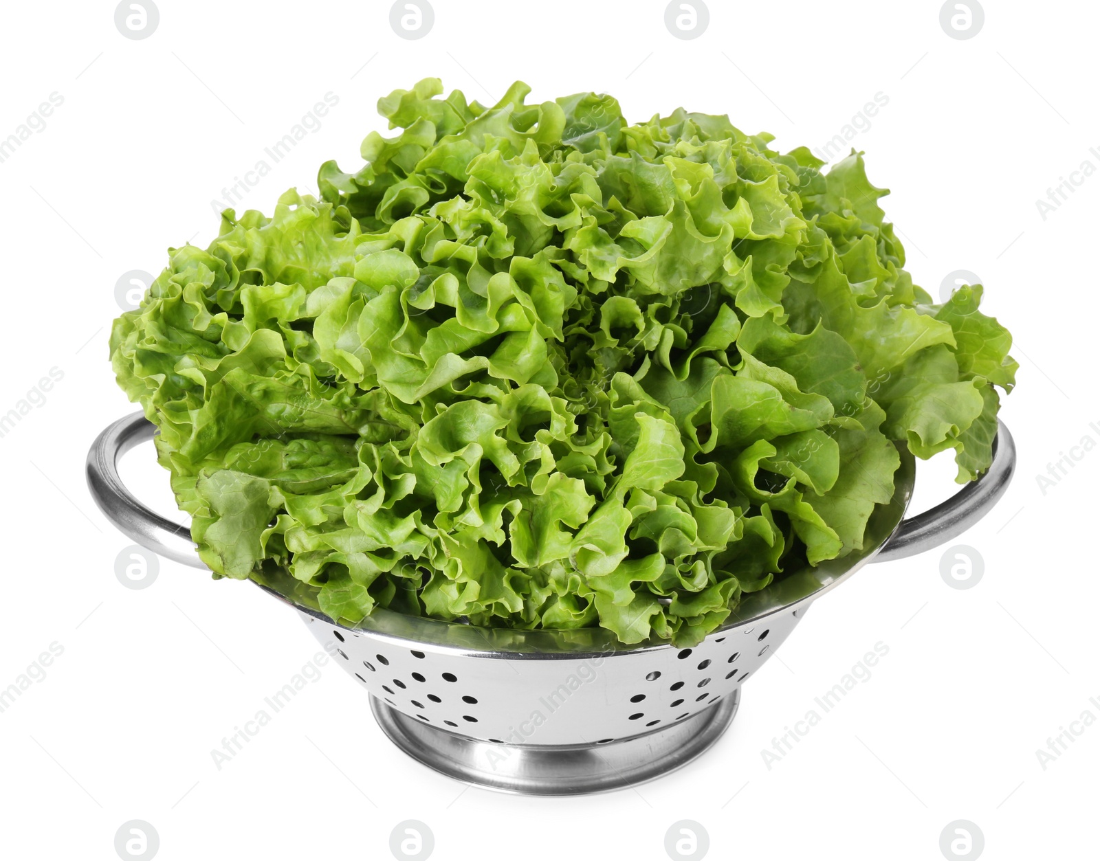 Photo of Metal colander with fresh lettuce isolated on white