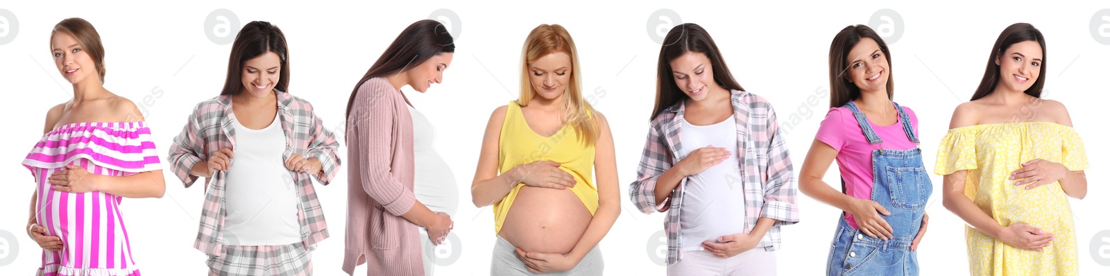 Image of Collage with photos of happy pregnant women on white background. Banner design