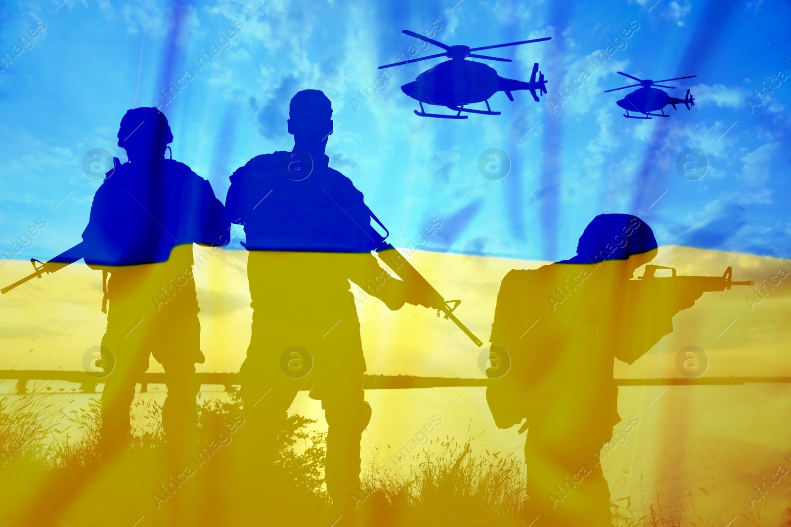 Image of Silhouettes of soldiers and Ukrainian national flag, double exposure