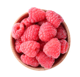 Photo of Delicious fresh ripe raspberries in bowl isolated on white, top view