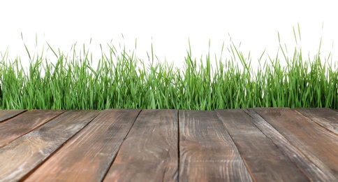 Photo of Wooden deck and green grass isolated on white