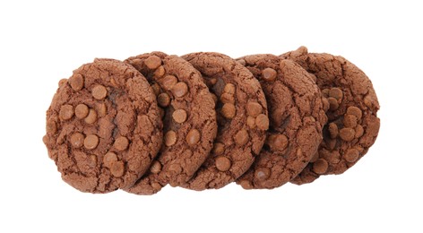 Photo of Delicious chocolate chip cookies on white background, top view