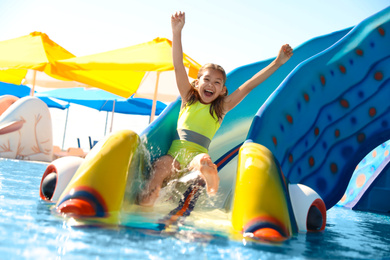 Photo of Happy girl on slide at water park. Summer vacation