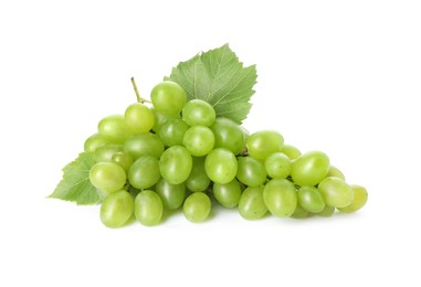 Fresh ripe grapes and leaves isolated on white