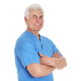 Portrait of male doctor in scrubs isolated on white. Medical staff