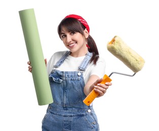 Photo of Beautiful woman with wallpaper roll and roller on white background