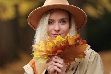 Photo of Portrait of beautiful woman with autumn leaves outdoors