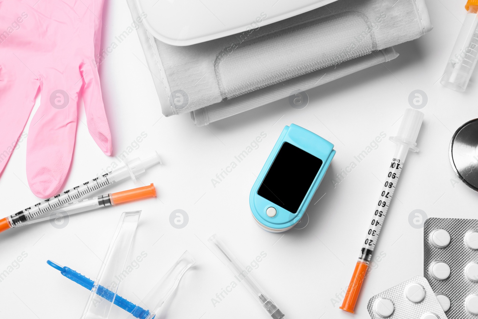 Photo of Flat lay composition with different medical objects on white background