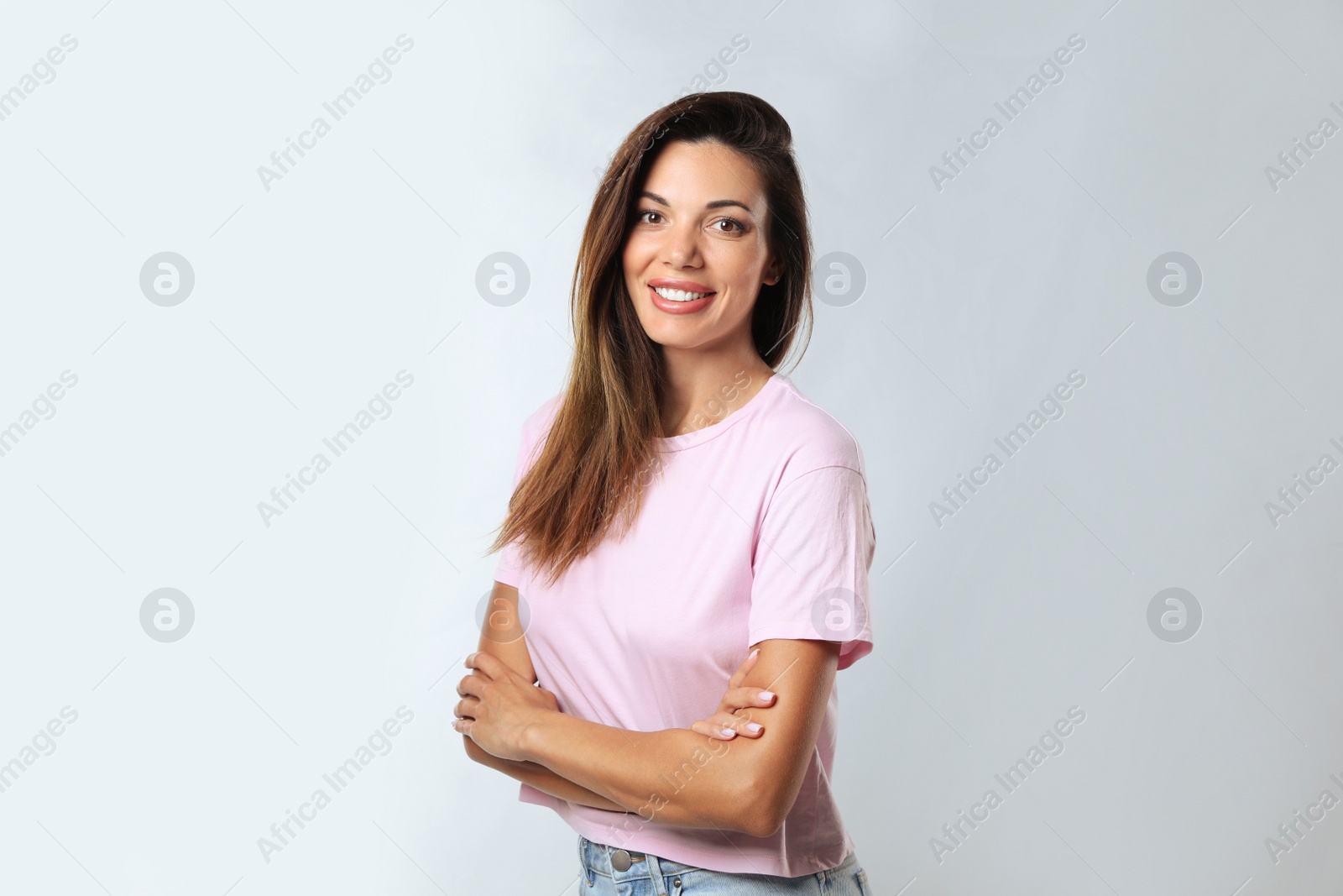 Photo of Portrait of beautiful woman on white background