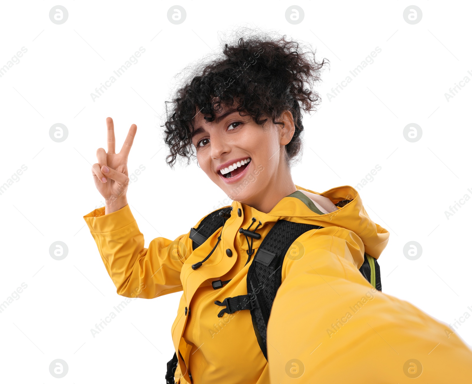 Photo of Beautiful woman taking selfie on white background