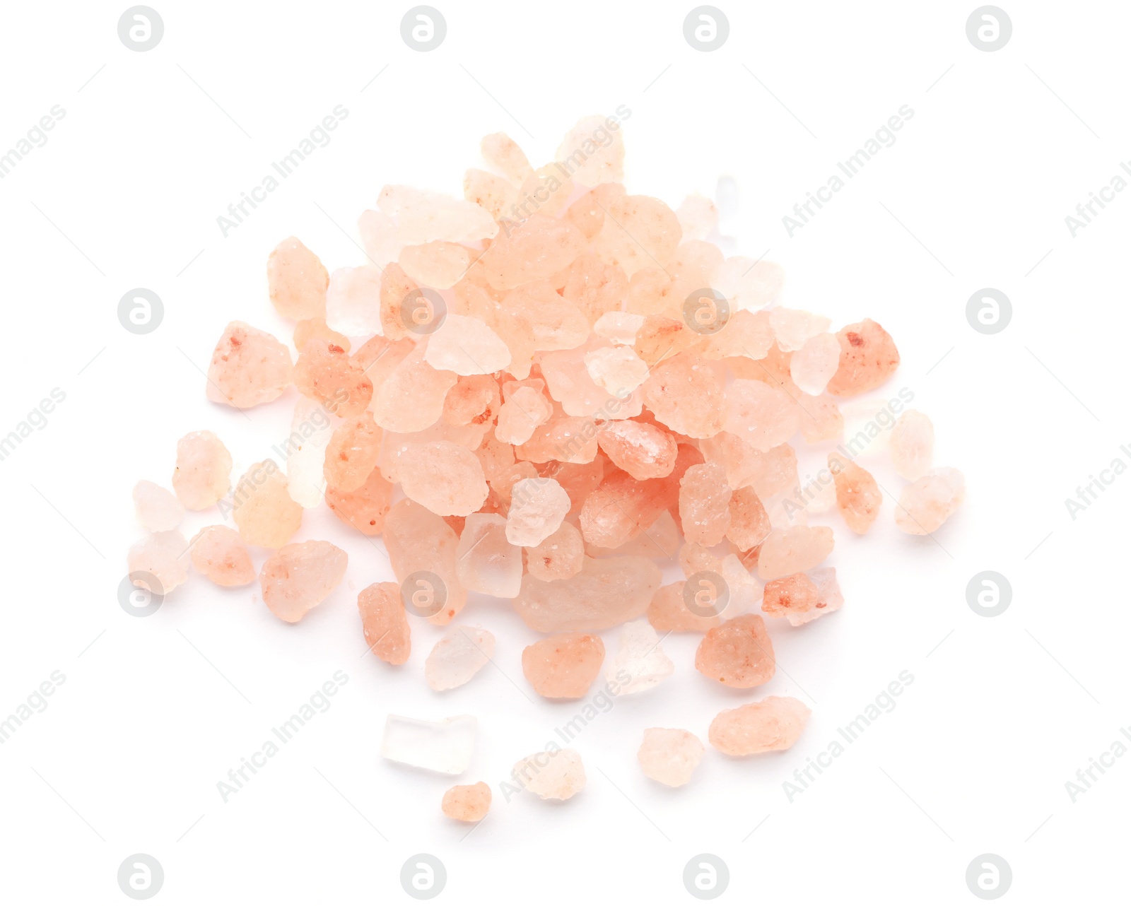 Photo of Pile of pink himalayan salt isolated on white, top view