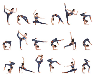Collage of professional young acrobat exercising on white background 