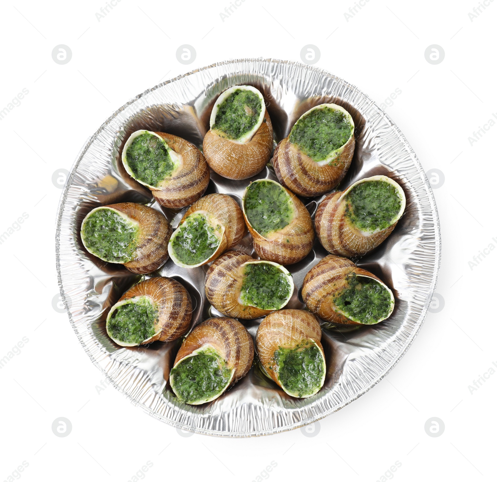 Photo of Delicious cooked snails isolated on white, top view