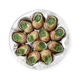 Delicious cooked snails isolated on white, top view