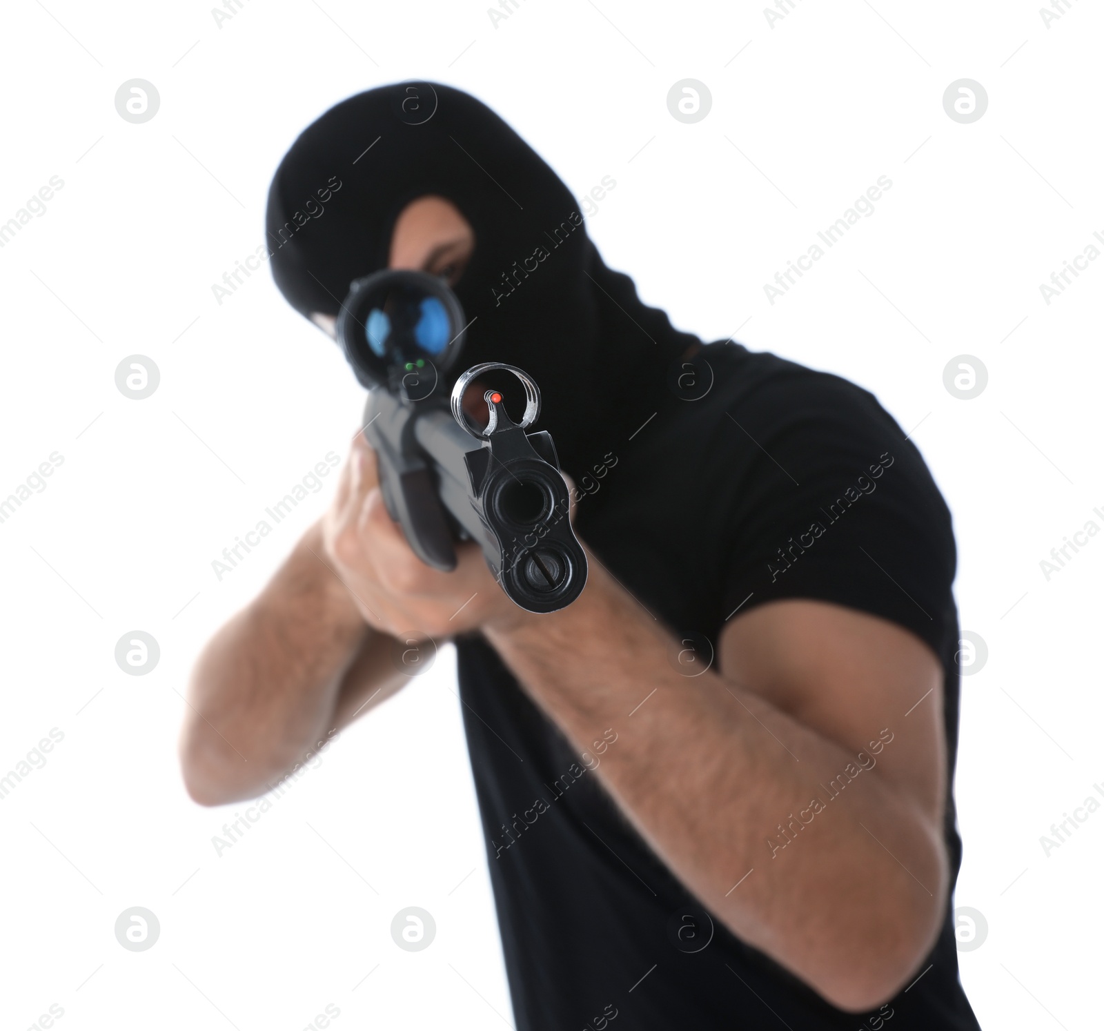 Photo of Professional killer with sniper rifle on white background