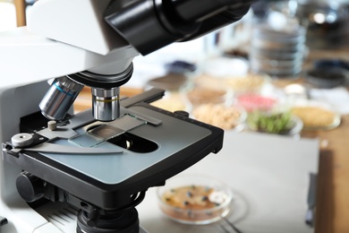 Photo of Modern microscope in laboratory, closeup. Phytopathological analysis