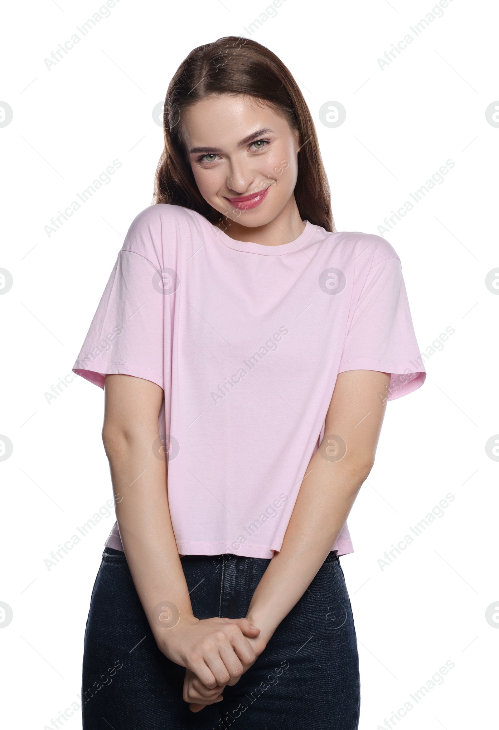 Photo of Embarrassed young woman in shirt on white background