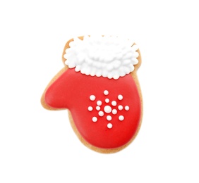 Tasty homemade Christmas cookie on white background