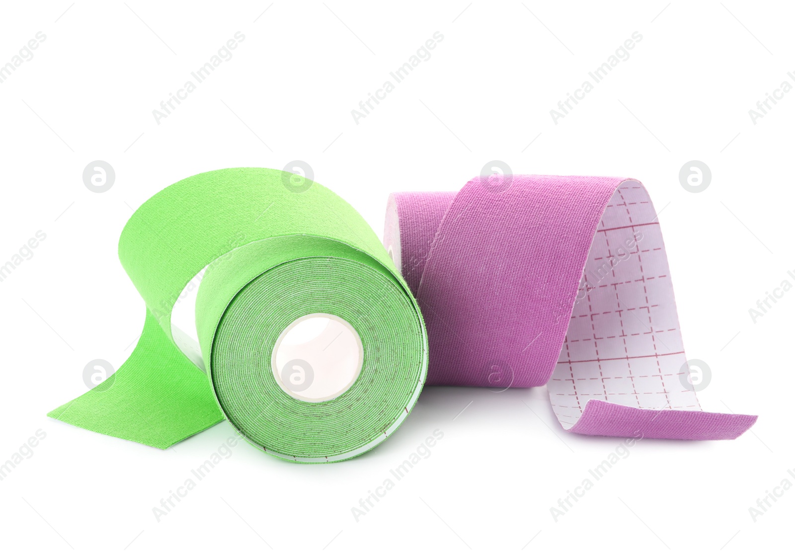 Photo of Two bright kinesio tape in rolls on white background