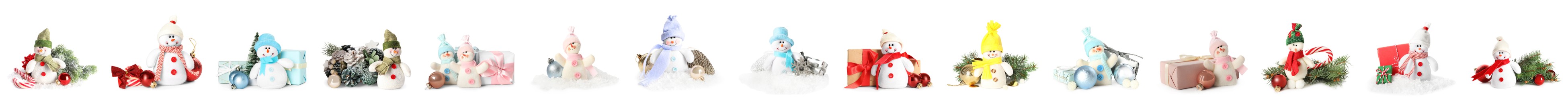 Image of Set with cute small snowman toys on white background. Banner design