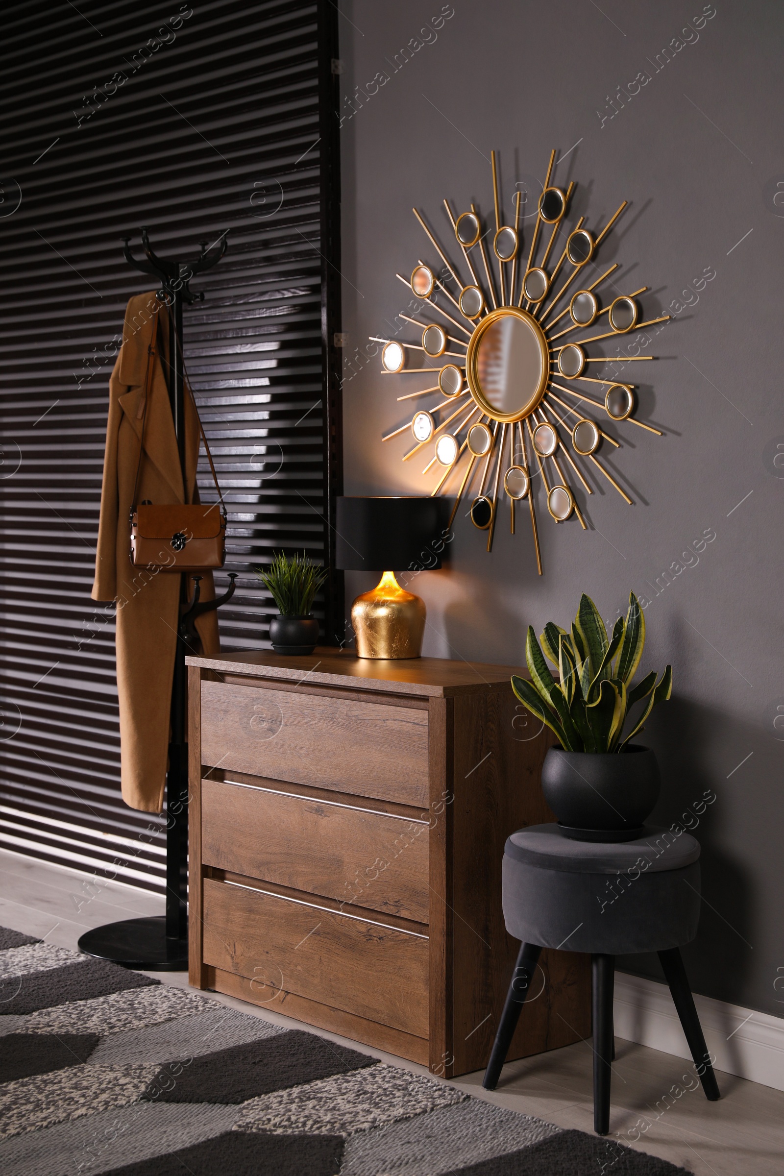 Photo of Wooden chest of drawers with decor, coat stand and mirror in hallway. Interior design