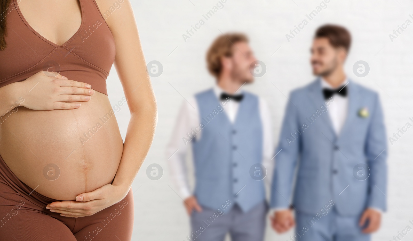 Image of Surrogacy concept. Young pregnant woman and blurred view of happy gay couple on light background