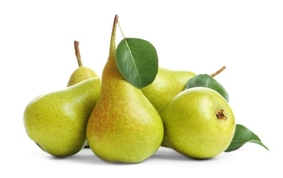 Photo of Whole ripe pears on white background