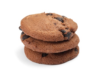 Delicious chocolate chip cookies on white background