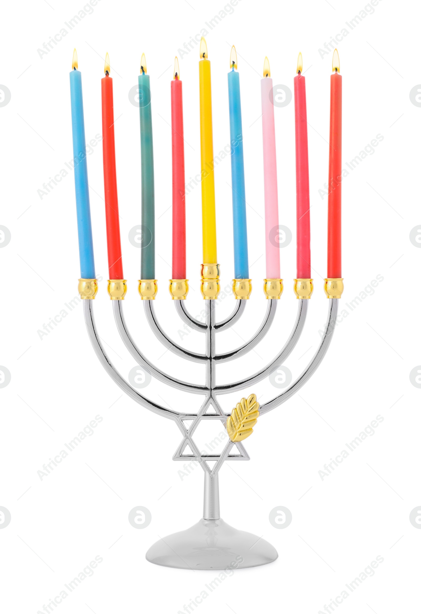 Photo of Menorah with burning candles isolated on white. Hanukkah symbol